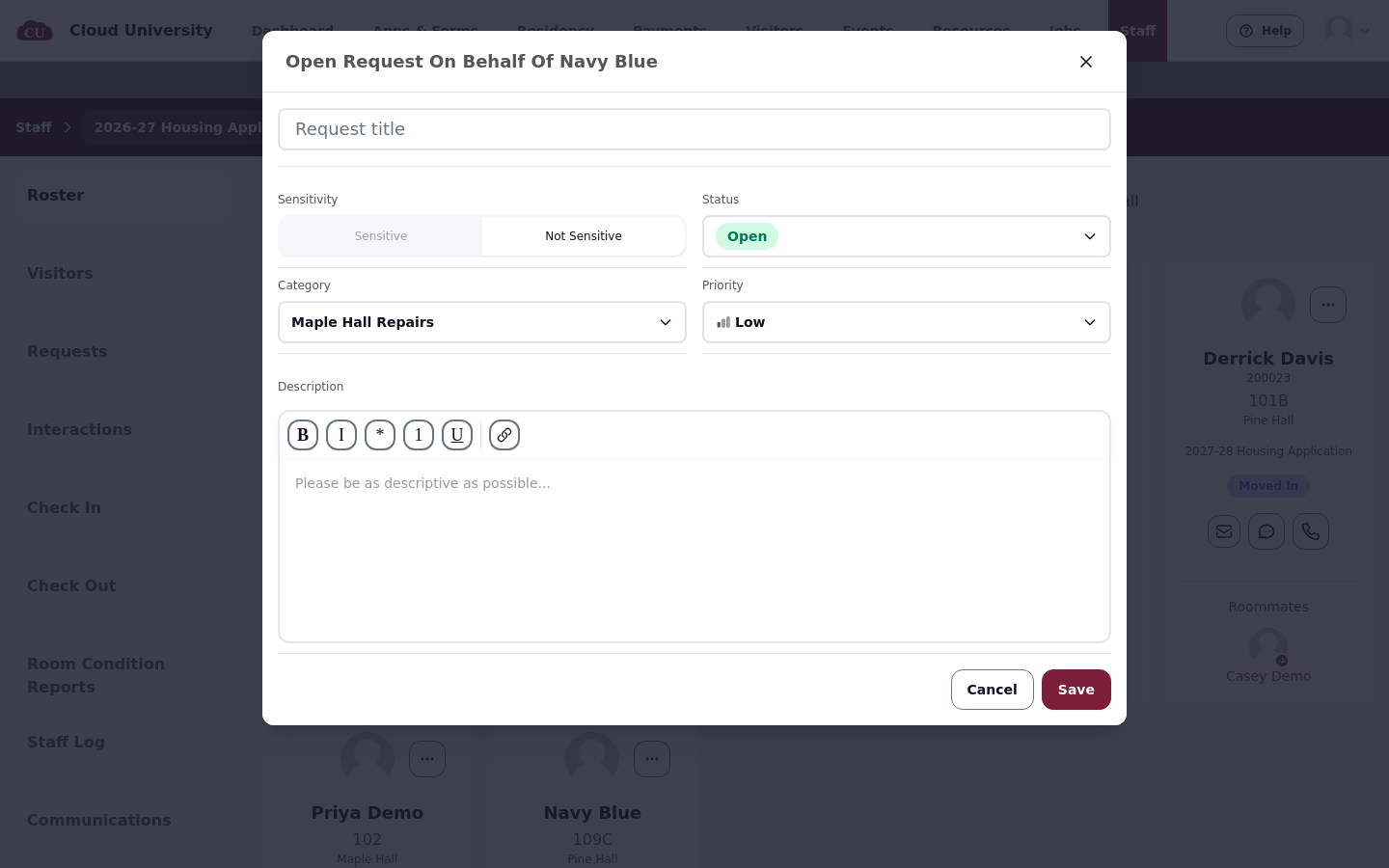 The Open Request On Behalf Of Navy Blue modal with Request title, Category, and Description fields
