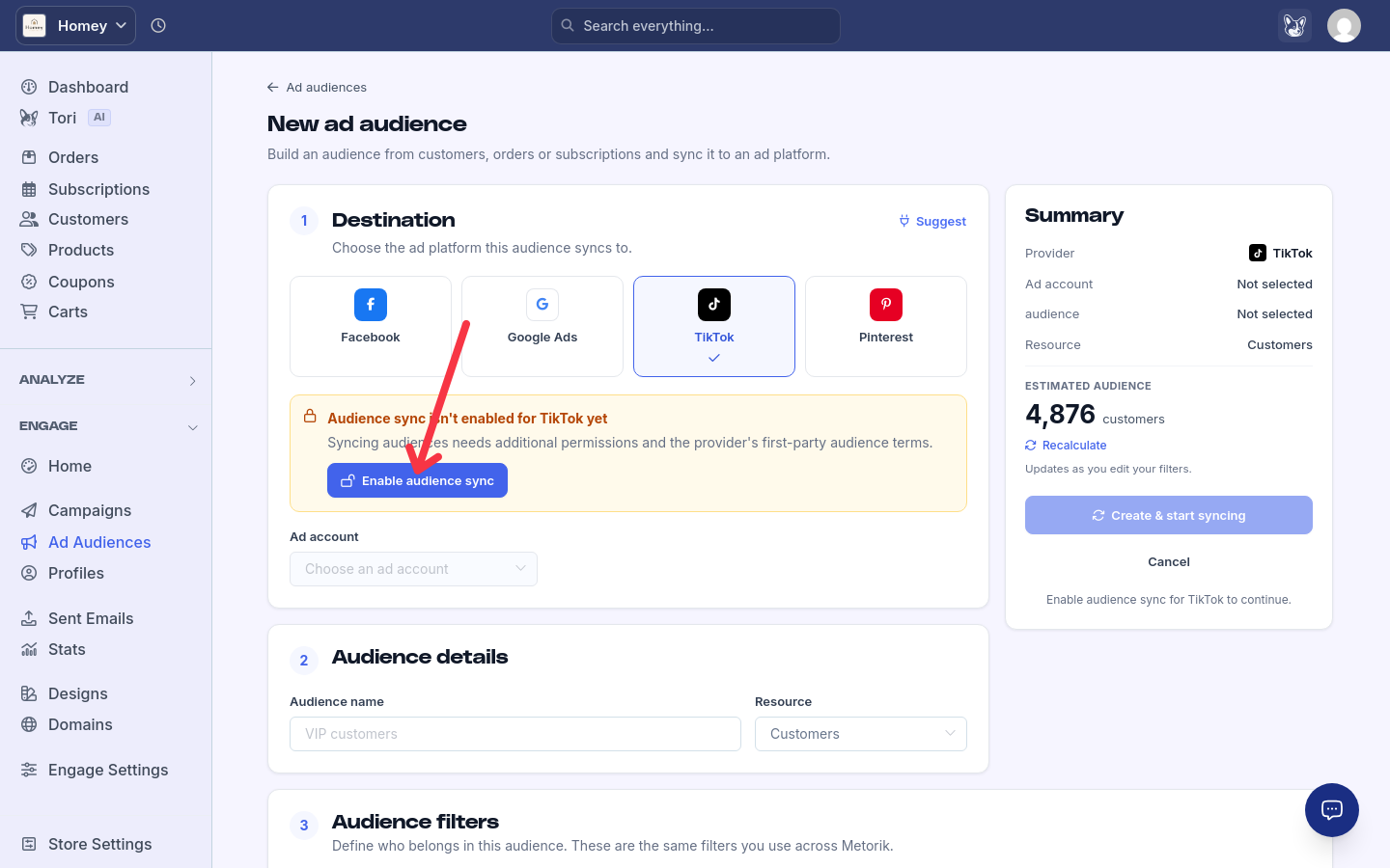 TikTok destination selected with the Audience sync isn't enabled for TikTok yet warning and the Enable audience sync button