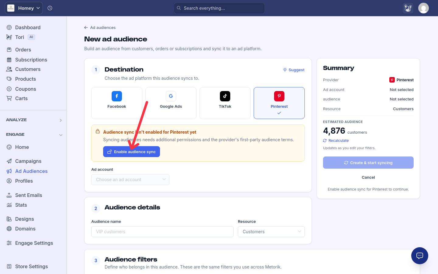 Pinterest destination selected with the Audience sync isn't enabled for Pinterest yet warning and the Enable audience sync button