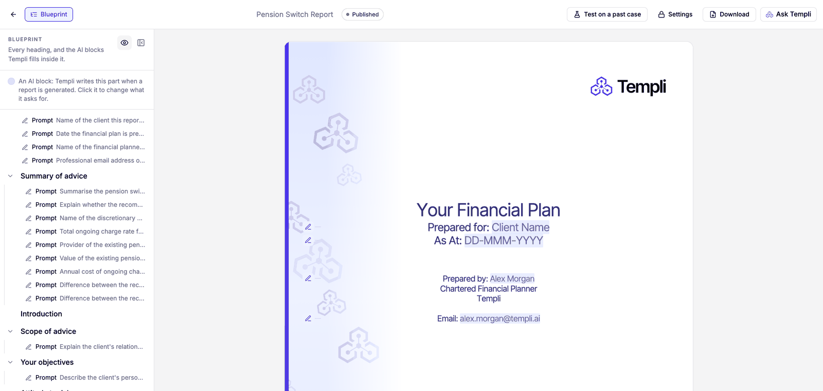 A Word template open with the Blueprint listing each heading and the prompts under it, beside the template's cover page