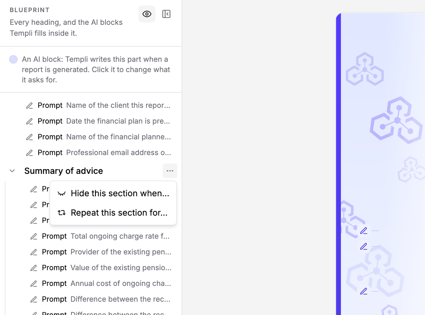 The menu beside a heading in the Blueprint, offering Hide this section when and Repeat this section for