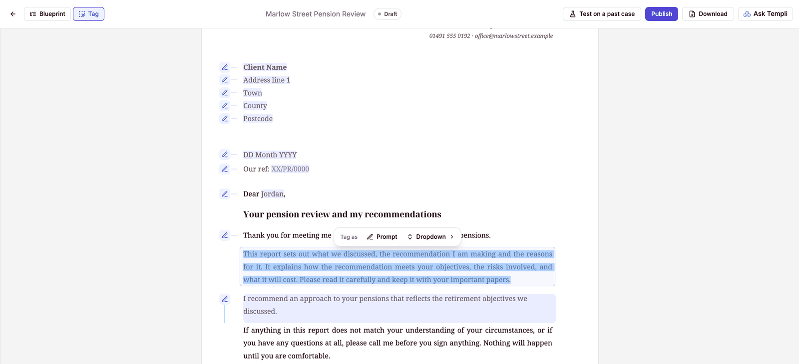 Tag mode on a draft template, with a paragraph selected and the Tag as bar offering Prompt and Dropdown