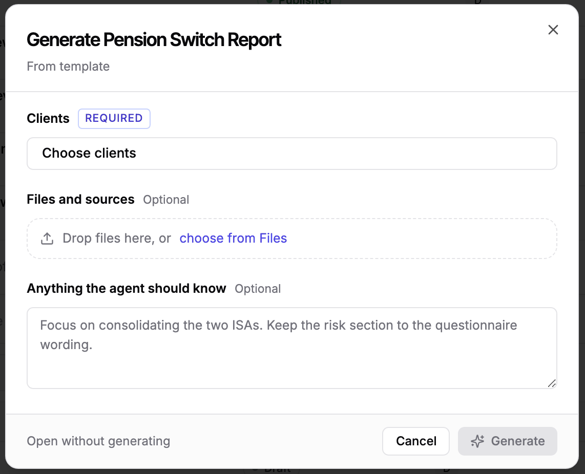 The Generate dialog for the Pension Switch Report, with clients, files and a note for Templi
