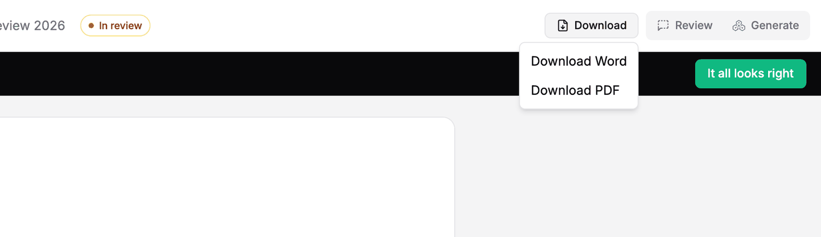 The Download menu on a report, offering Download Word and Download PDF
