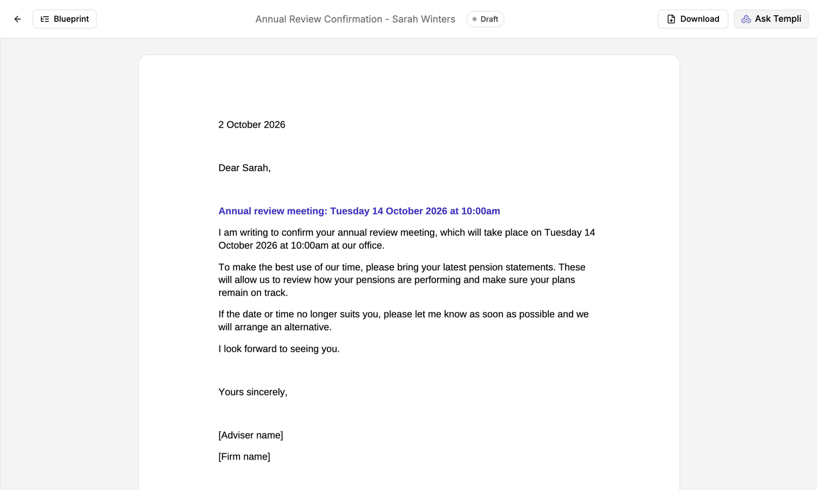 A one-off Word letter Templi drafted to confirm Sarah Winters' annual review meeting, with placeholders left for the adviser and firm name