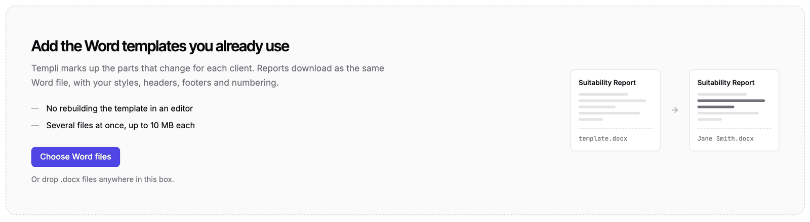 The empty Template Library inviting you to add the Word templates you already use, with a Choose Word files button