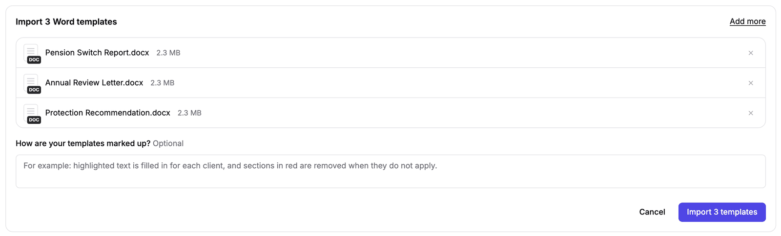 Three Word templates ready to import, with the optional note on how they are marked up and the Import 3 templates button