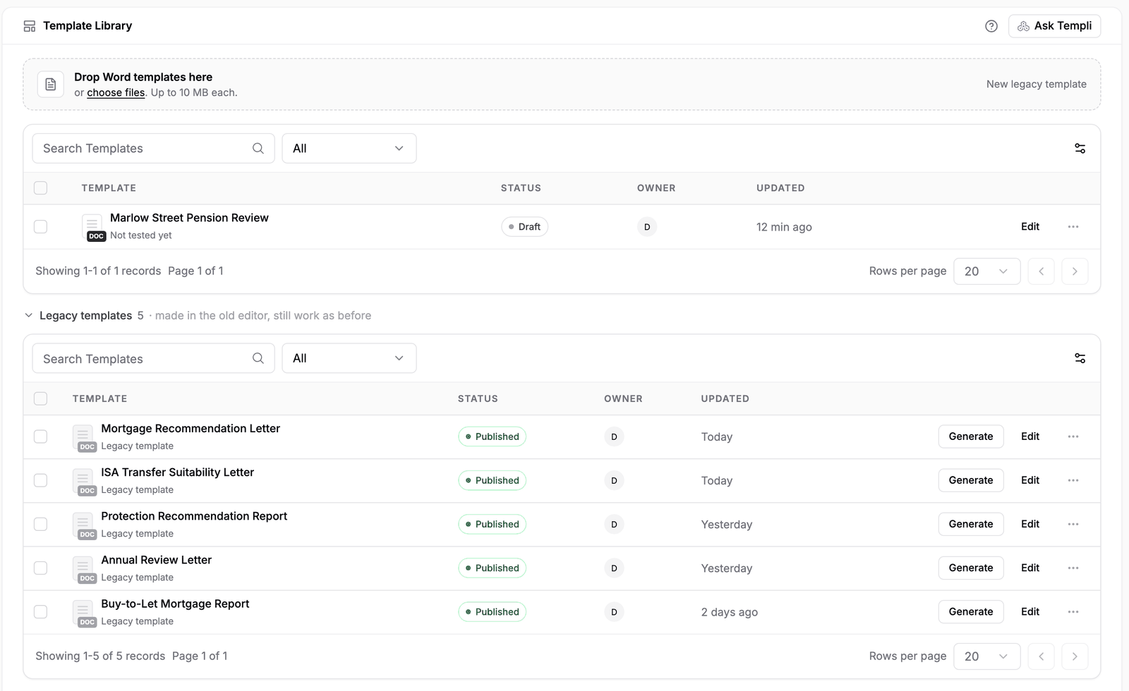 The Template Library with the imported template marked Not tested yet