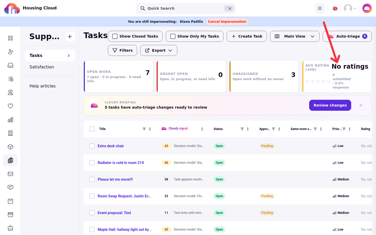 The Tasks queue with the Avg rating stat card and the Rating column