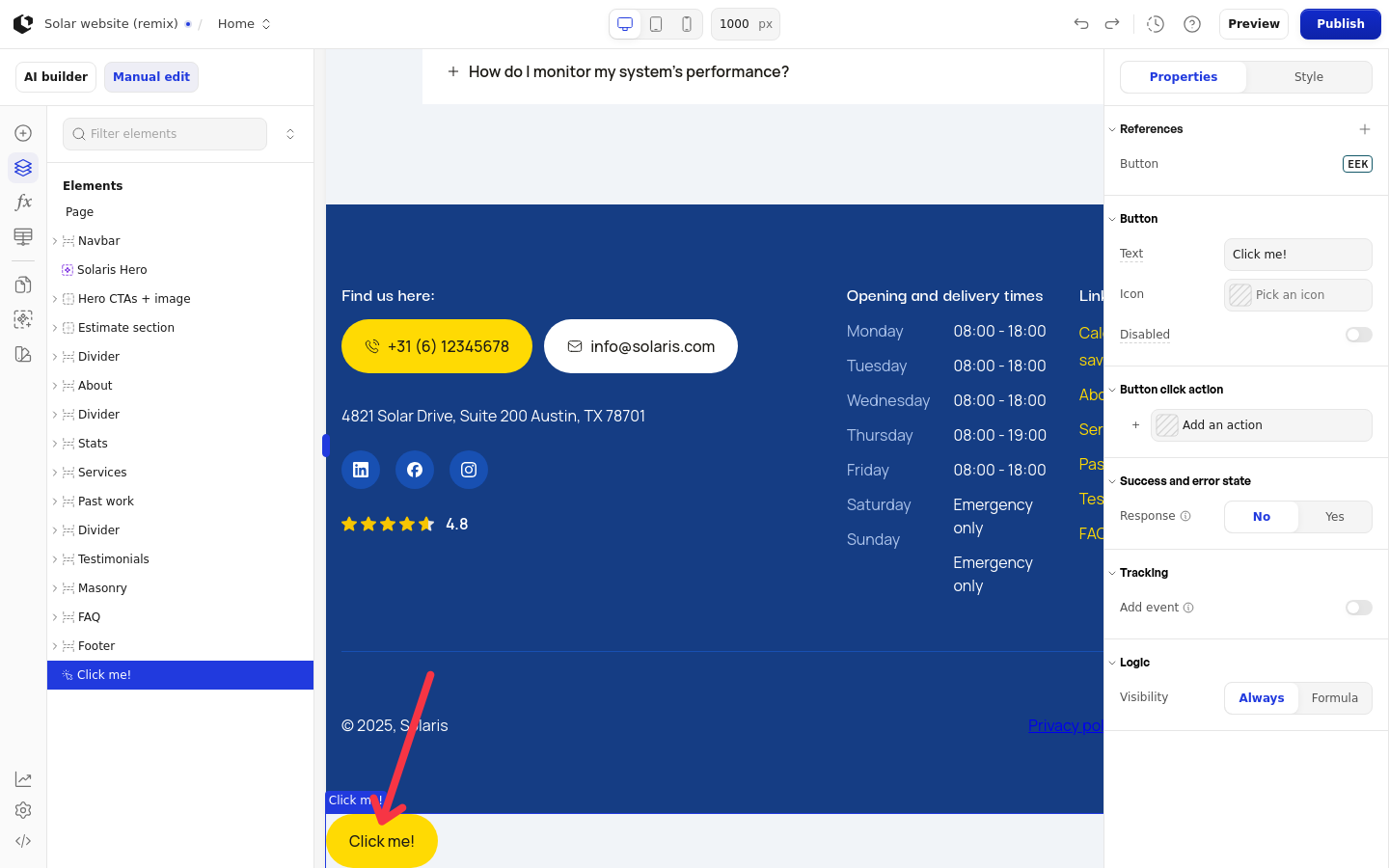 A selected button on the builder canvas.