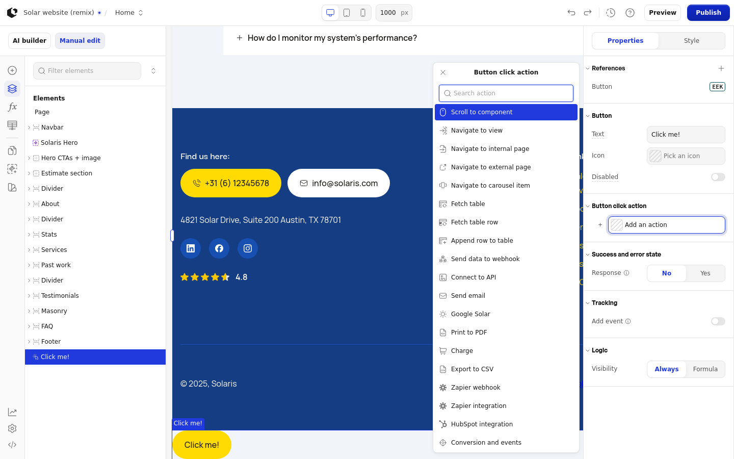 The action picker with the Search action field and the full list of action types.