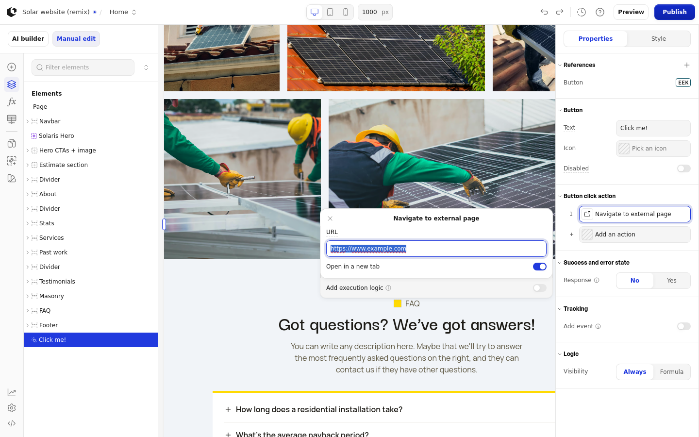 The Navigate to external page panel with the URL field and the Open in a new tab toggle.