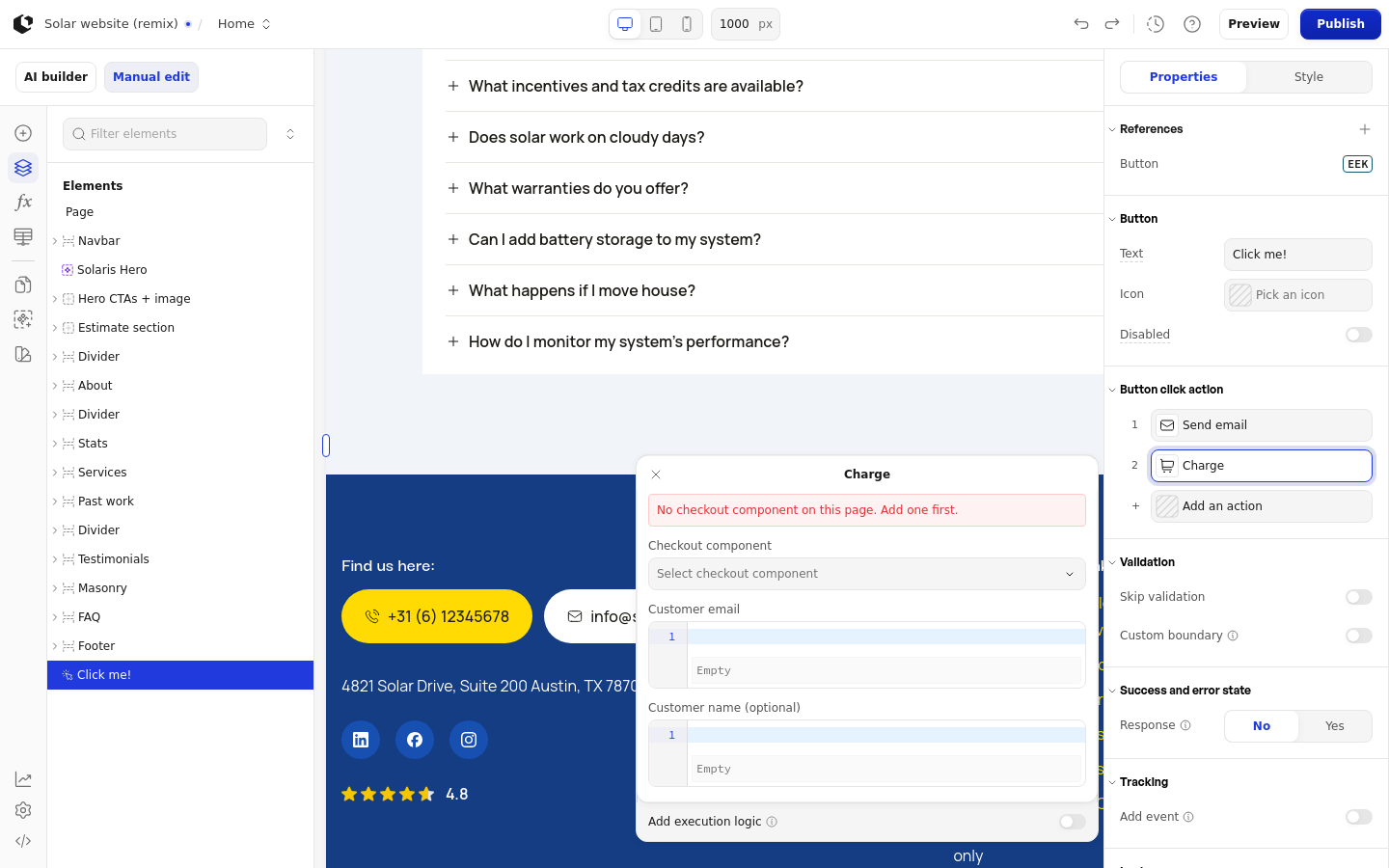 The Charge action panel showing the message that no checkout component is on the page, plus the Customer email and Customer name (optional) fields