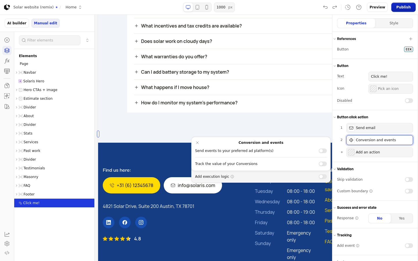 The Conversion and events action panel with the Send events to your preferred ad platform(s) and Track the value of your Conversions switches.