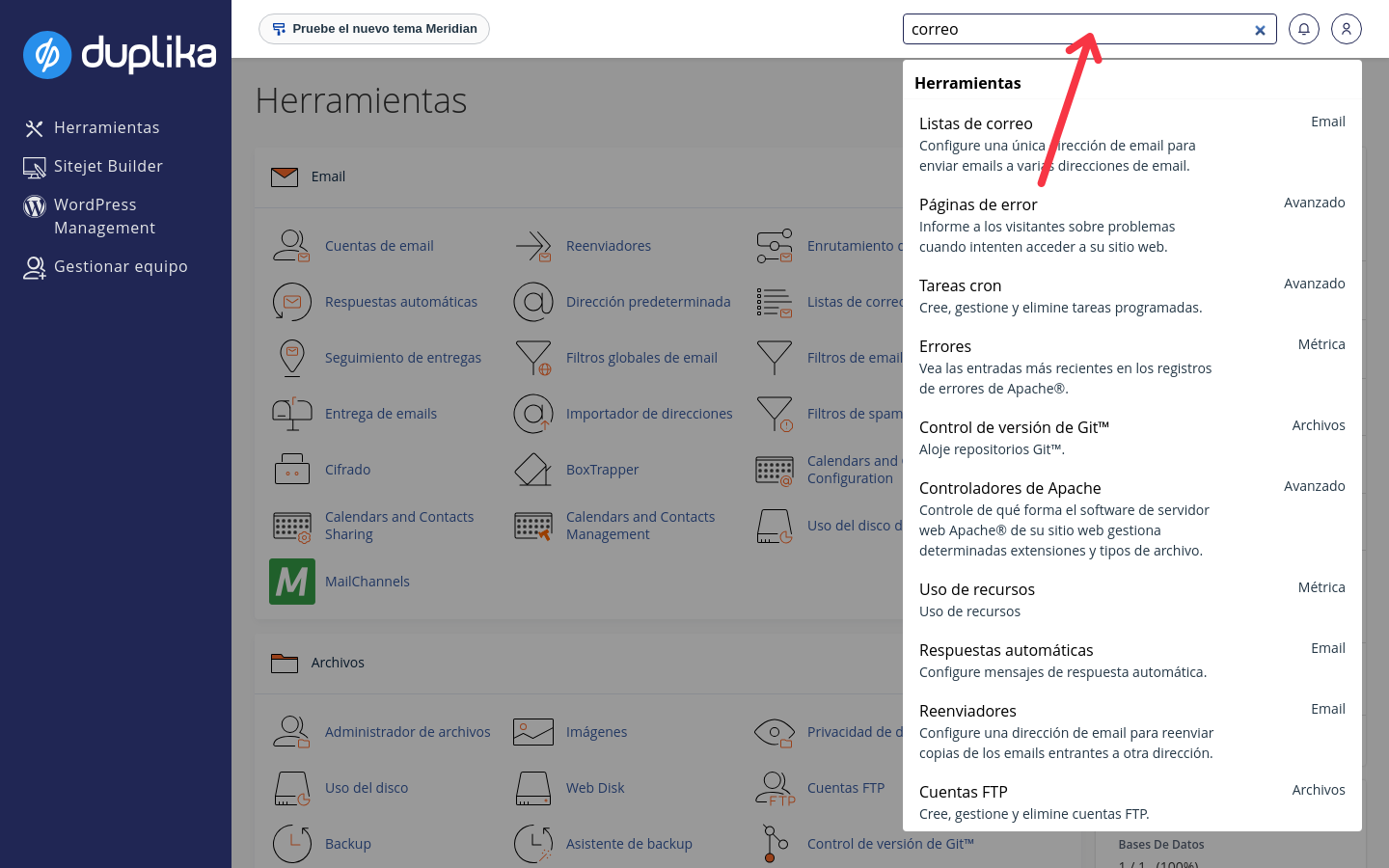 Búsqueda de herramientas en cPanel con la palabra correo