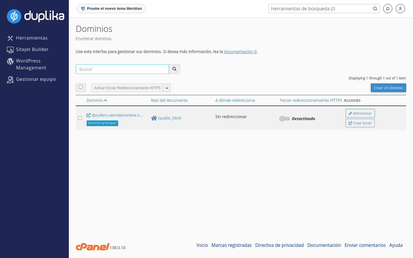Página Dominios de cPanel con el dominio principal, la raíz del documento y el estado de redirección HTTPS