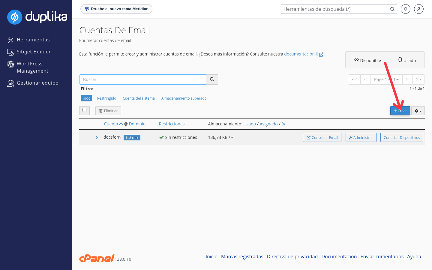 Página Cuentas De Email de cPanel con el botón Crear marcado