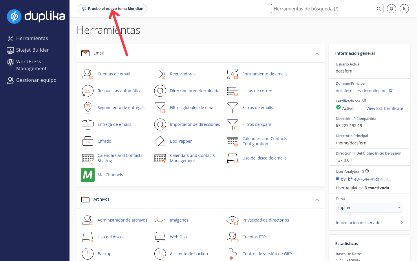 Botón Pruebe el nuevo tema Meridian en la parte superior del panel de cPanel