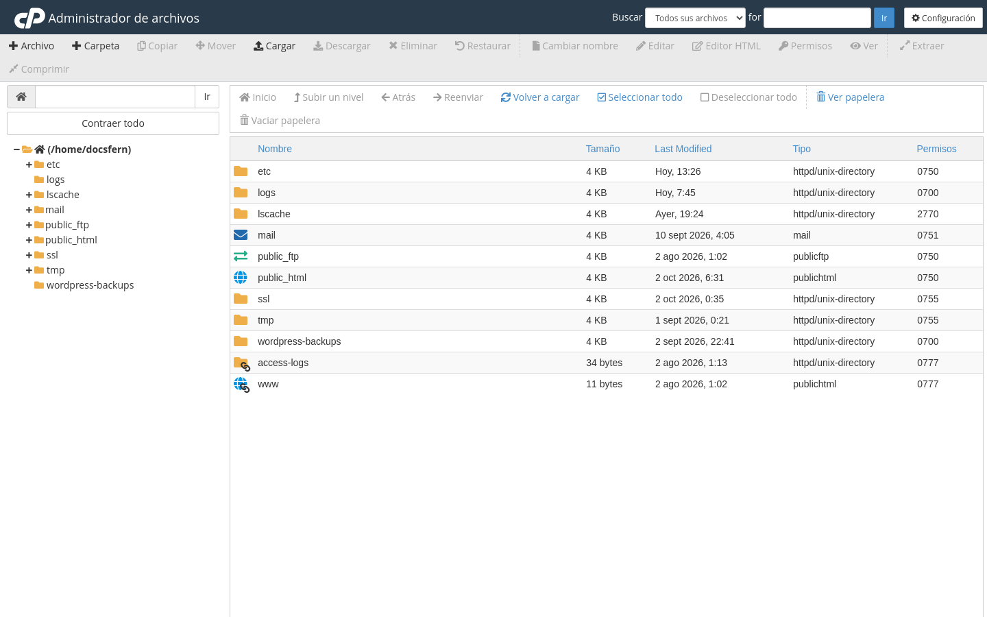 Administrador de archivos de cPanel con el árbol de carpetas y la lista de archivos