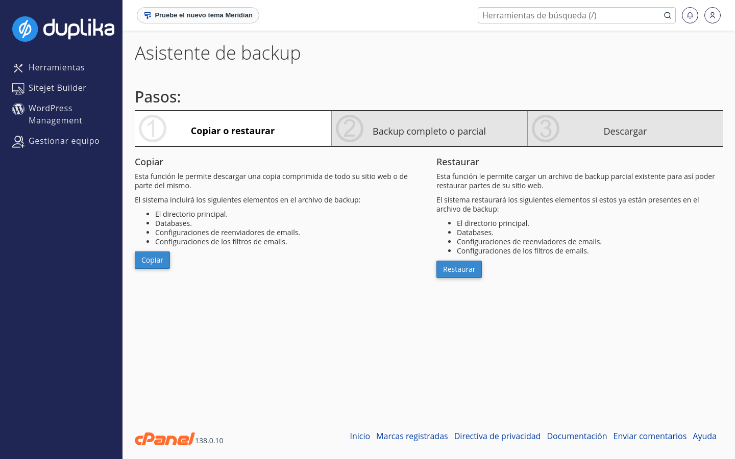 Primer paso del Asistente de backup de cPanel con las opciones Copiar y Restaurar