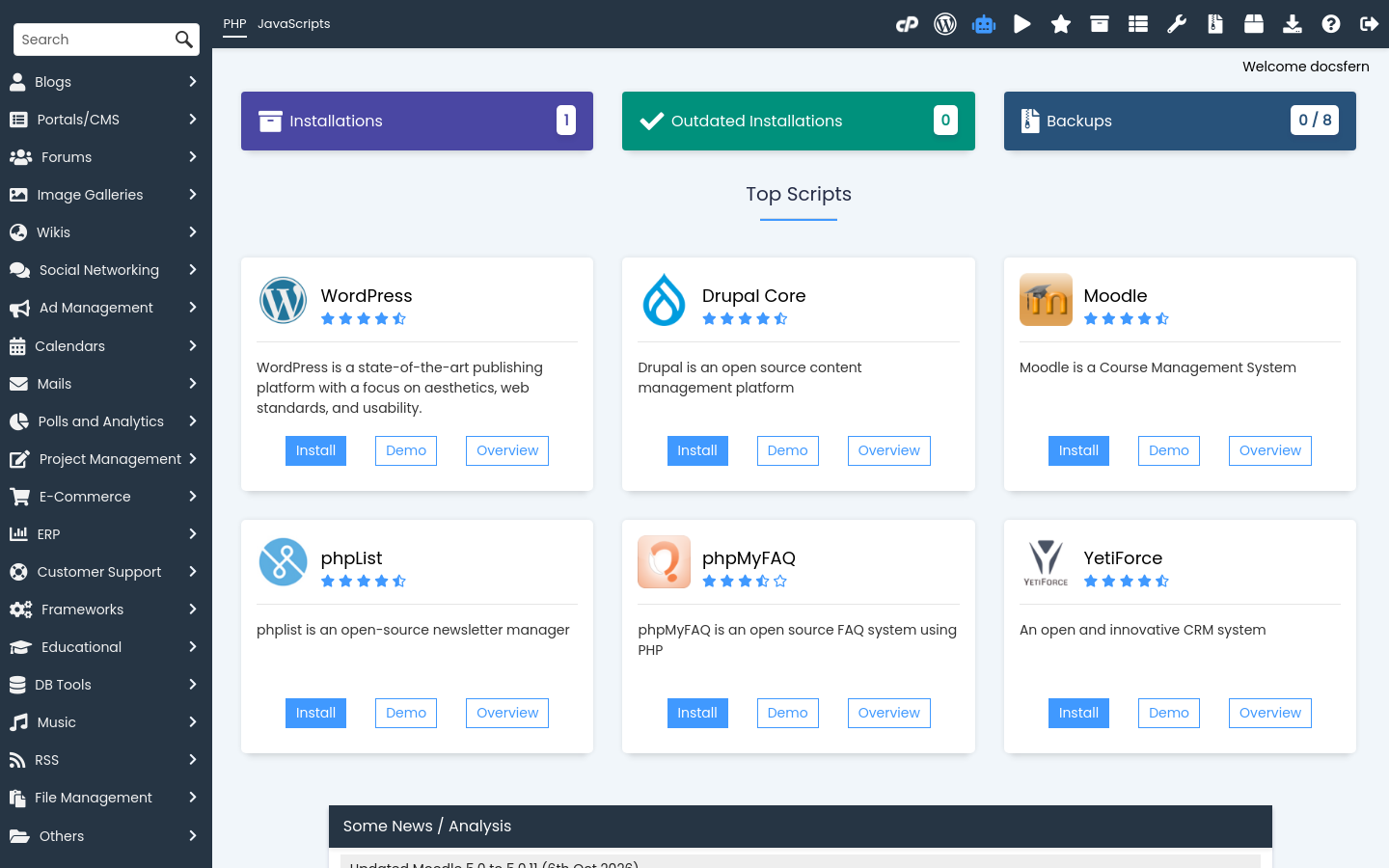 Softaculous Apps Installer con las aplicaciones destacadas, entre ellas WordPress