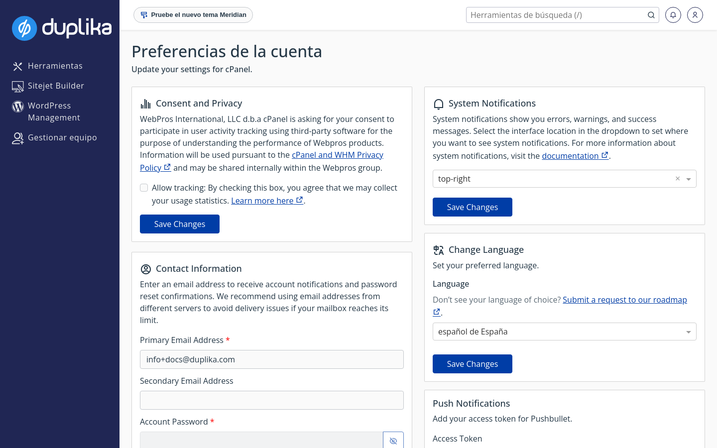 Página Preferencias de la cuenta con la información de contacto y el cambio de idioma