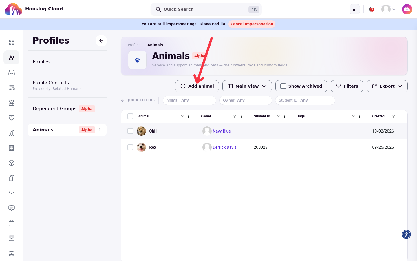 The Animals roster with an arrow pointing at the Add animal button
