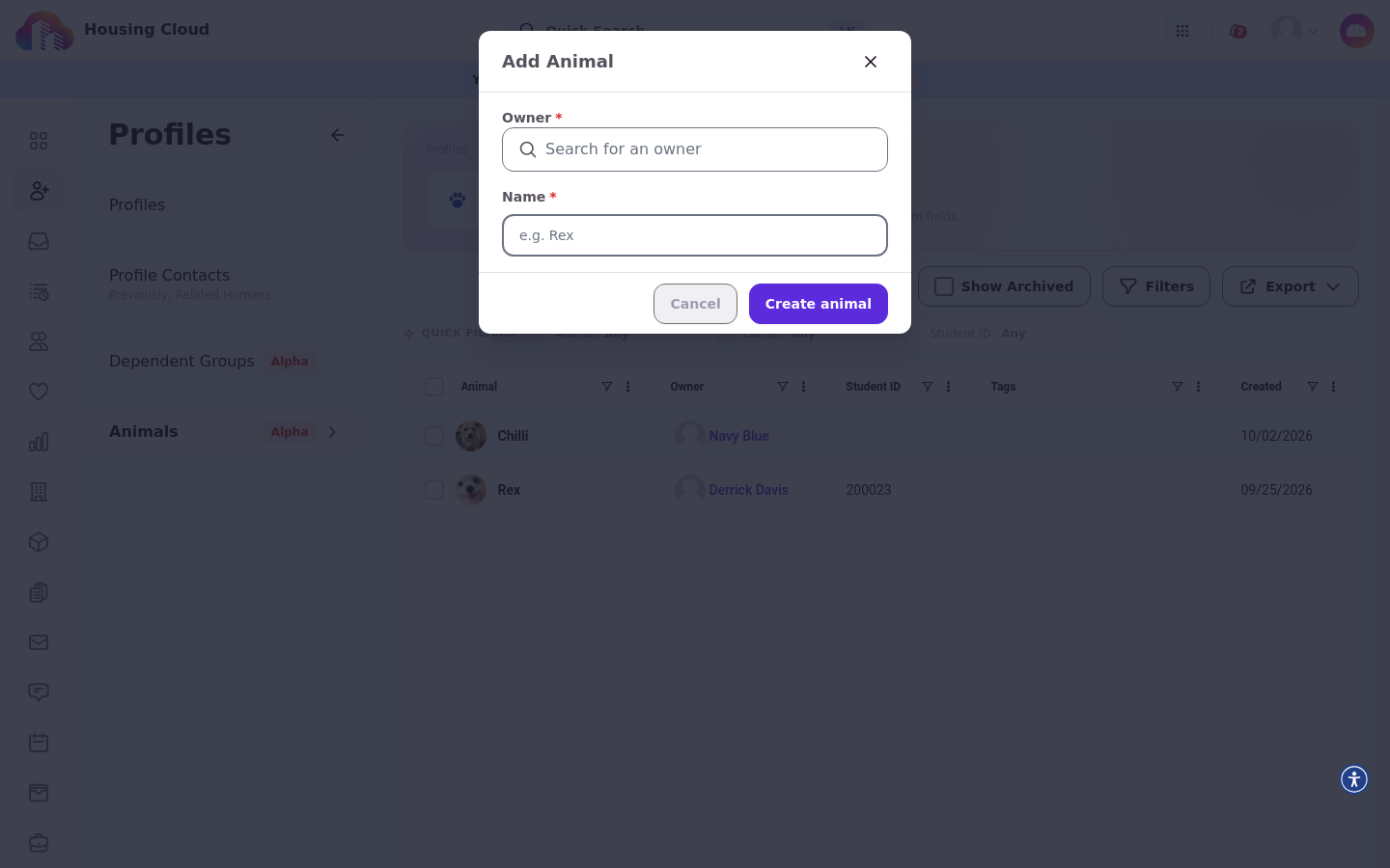 The Add Animal dialog with Owner and Name fields