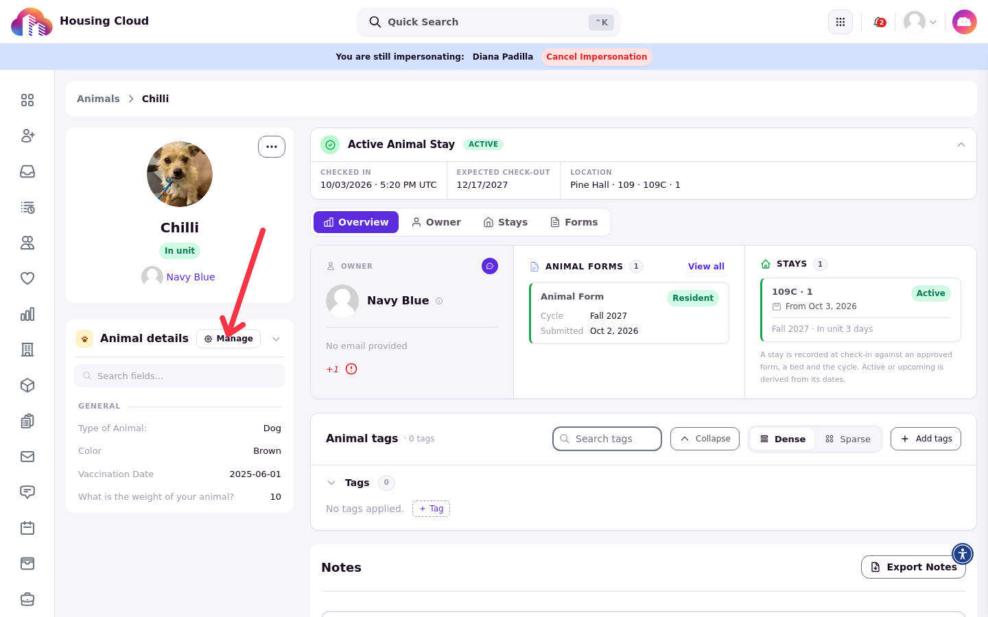 An animal profile with an arrow pointing at the Manage button in the Animal details card