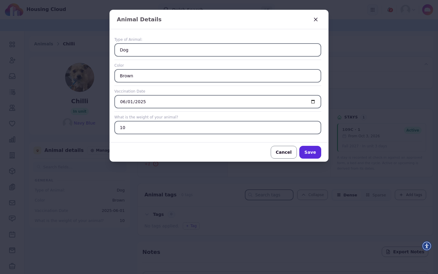 The Animal Details dialog with type, color, vaccination date, and weight fields