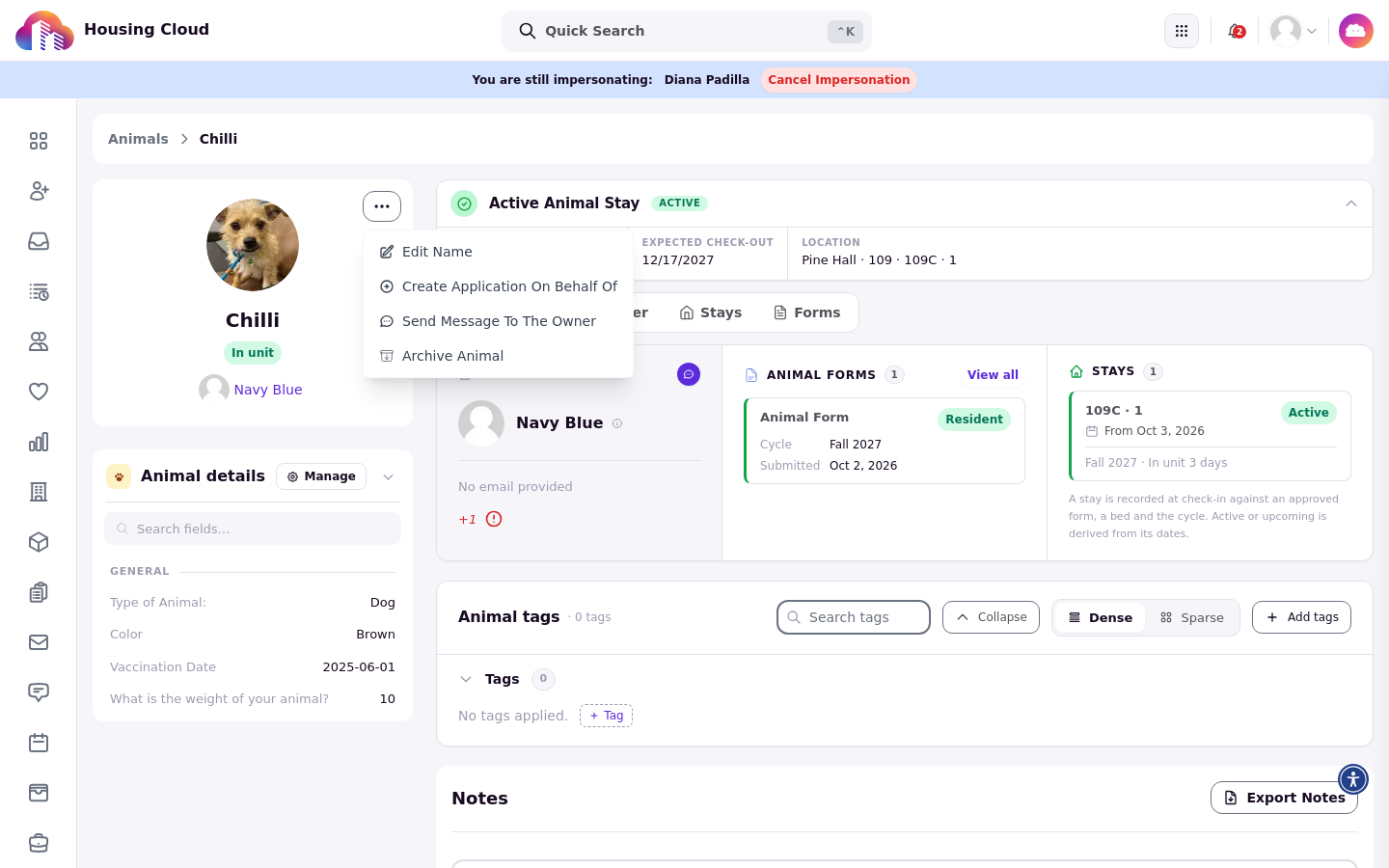 The Actions menu open on an animal profile with Edit Name, Create Application On Behalf Of, Send Message To The Owner, and Archive Animal options