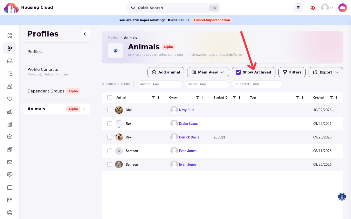The Animals roster with an arrow pointing at the selected Show Archived checkbox