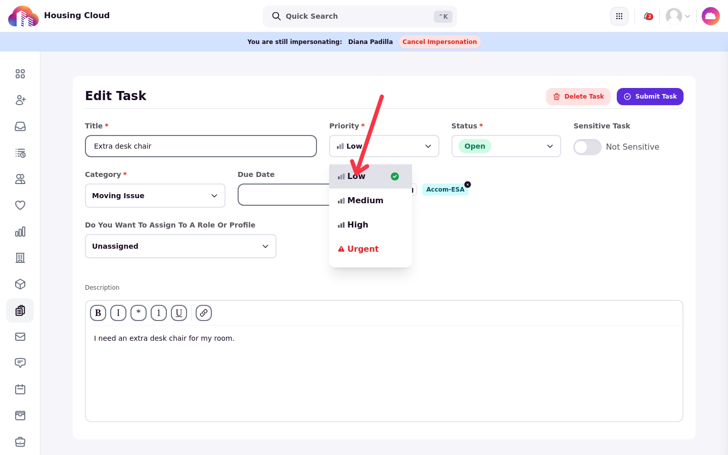 The Edit task form with the Priority dropdown open, showing Low, Medium, High, and Urgent