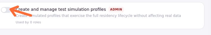 The Create and manage test simulation profiles permission card in the role permission editor, with its toggle off