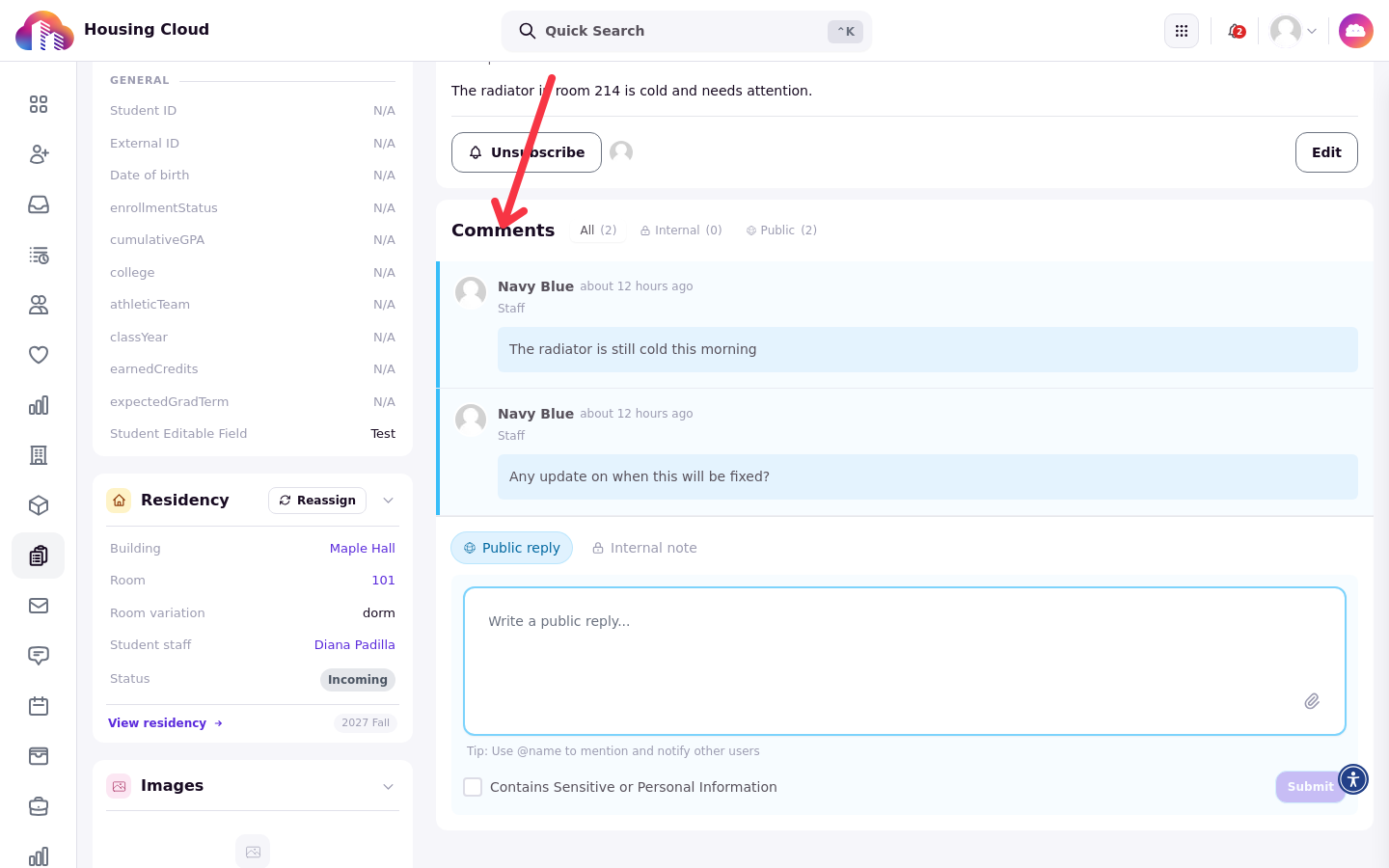 A task page with the Comments feed open, showing the All, Internal and Public views and the Public reply and Internal note pills above the comment box