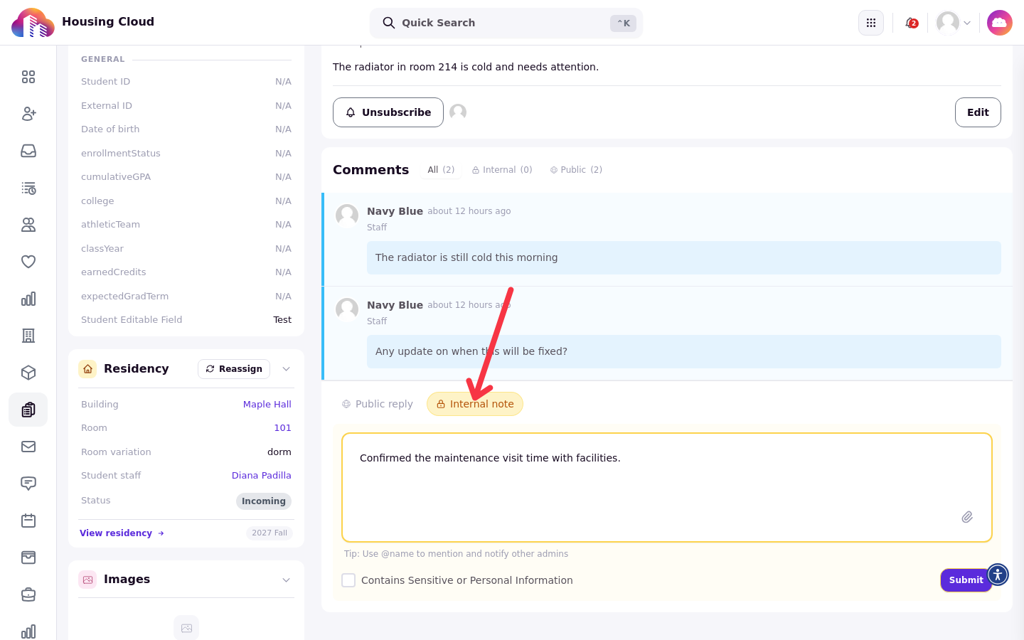 The Internal note pill selected and a note typed in the comment box