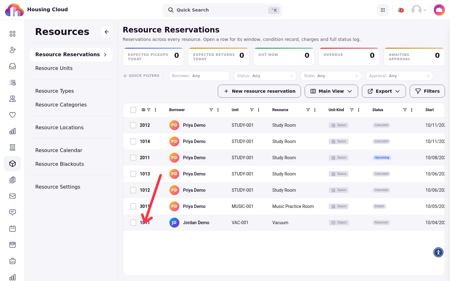 The Resource Reservations list with a returned loan reservation highlighted