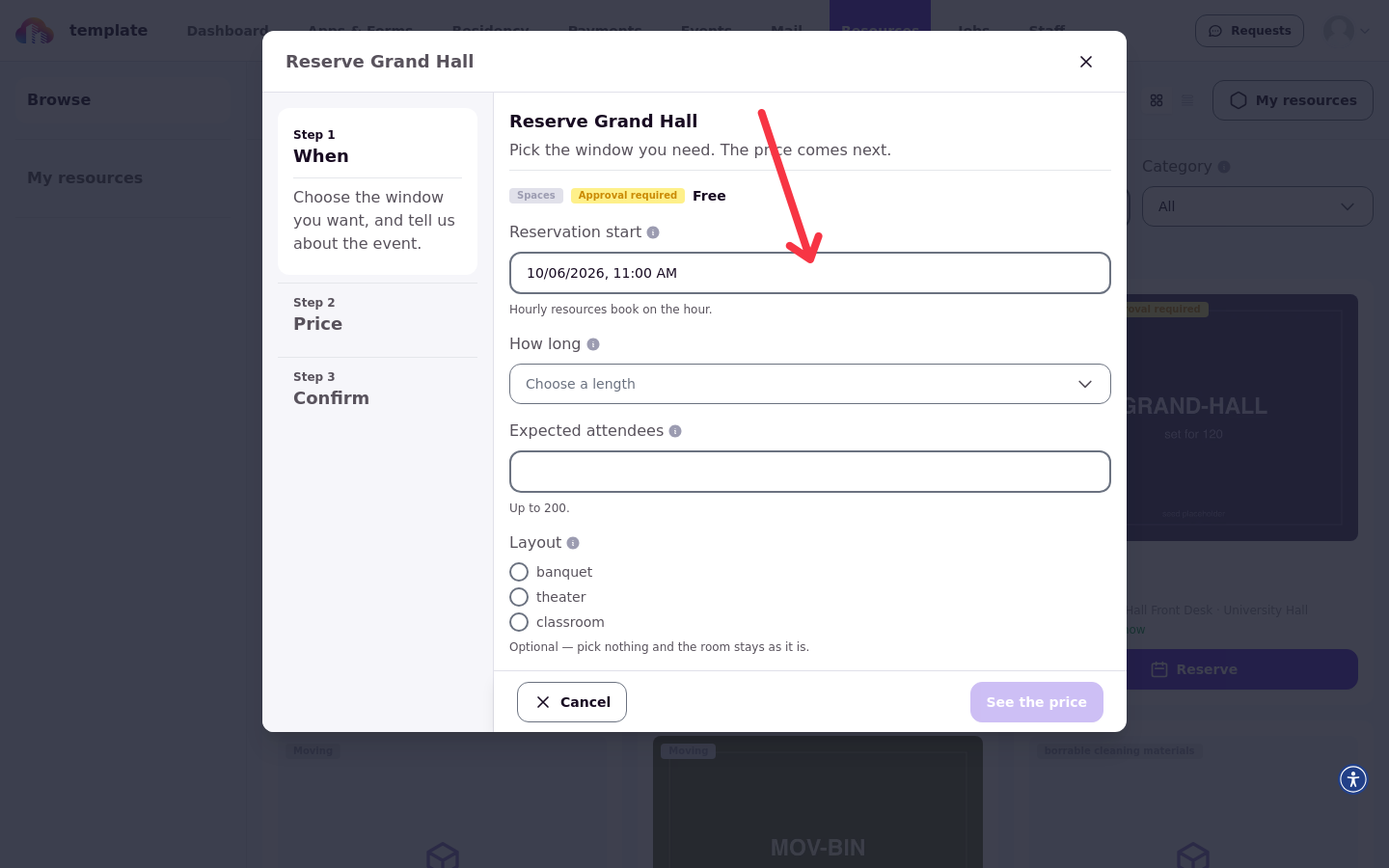 The reserve panel for a room, showing the reservation start date and time, How long, Expected attendees, and Layout options