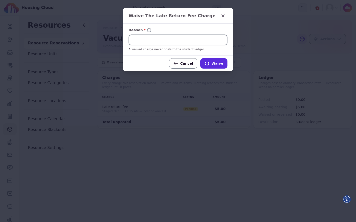 The waive dialog asking for a Reason, with Cancel and Waive buttons