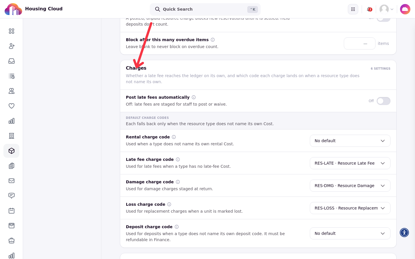 The Charges section of Resource Settings, showing Post late fees automatically and the default charge code settings