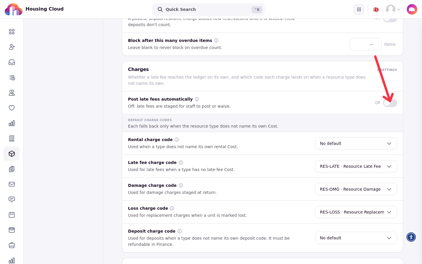 The Post late fees automatically toggle in the Charges section of Resource Settings, set to Off with the note that late fees are staged for staff to post or waive