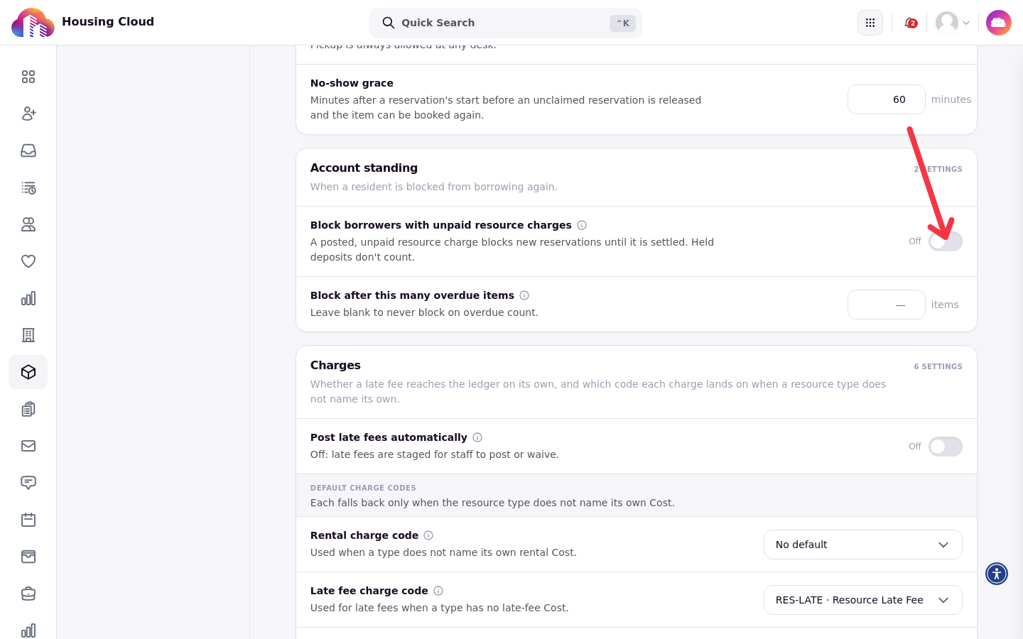 The Account standing section of Resource Settings with the Block borrowers with unpaid resource charges toggle highlighted