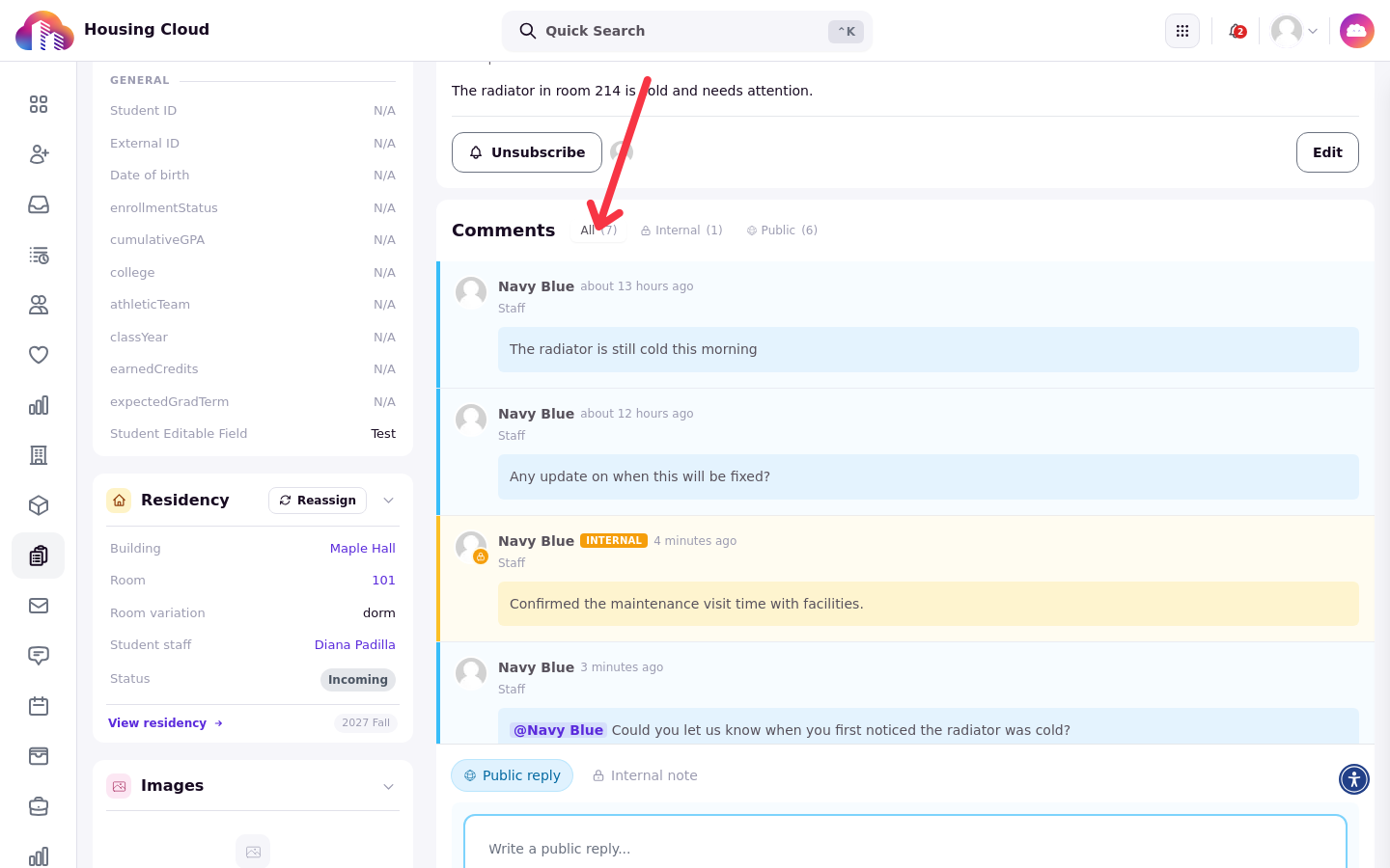 The Comments feed on the All view showing a public reply and an internal note side by side in one thread
