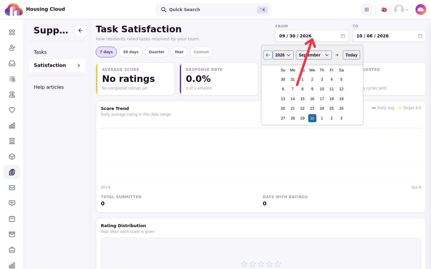 The date-range picker open, showing 7 days, 30 days, Quarter, Year and the From / To fields
