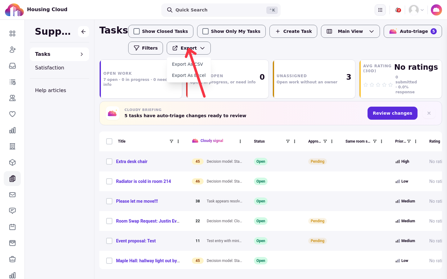 The Export menu on the Tasks queue with the Export As CSV and Export As Excel options