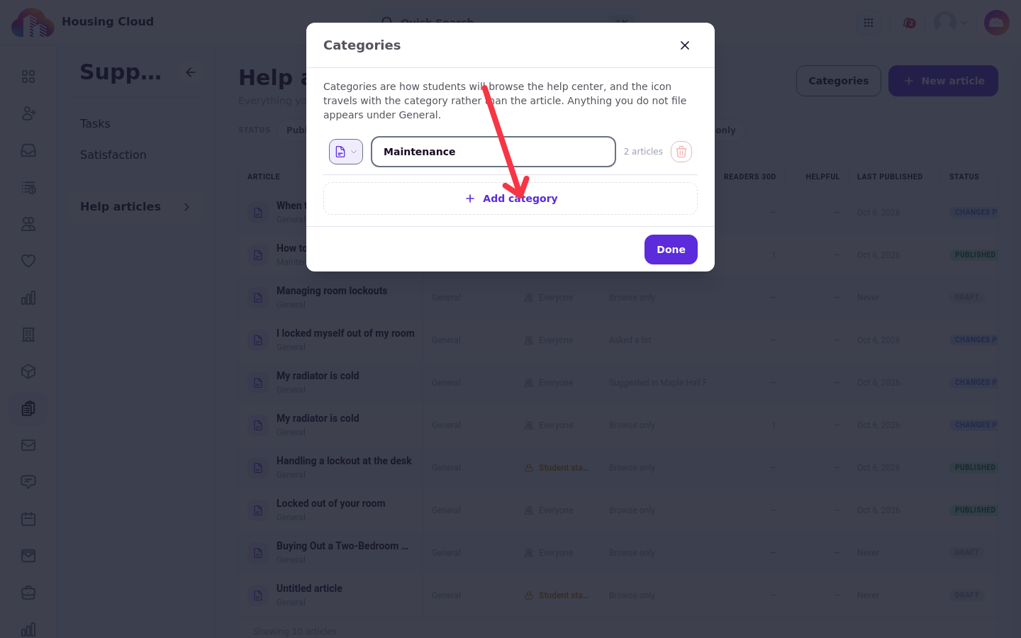 The Categories window listing managed categories, with the Add category button