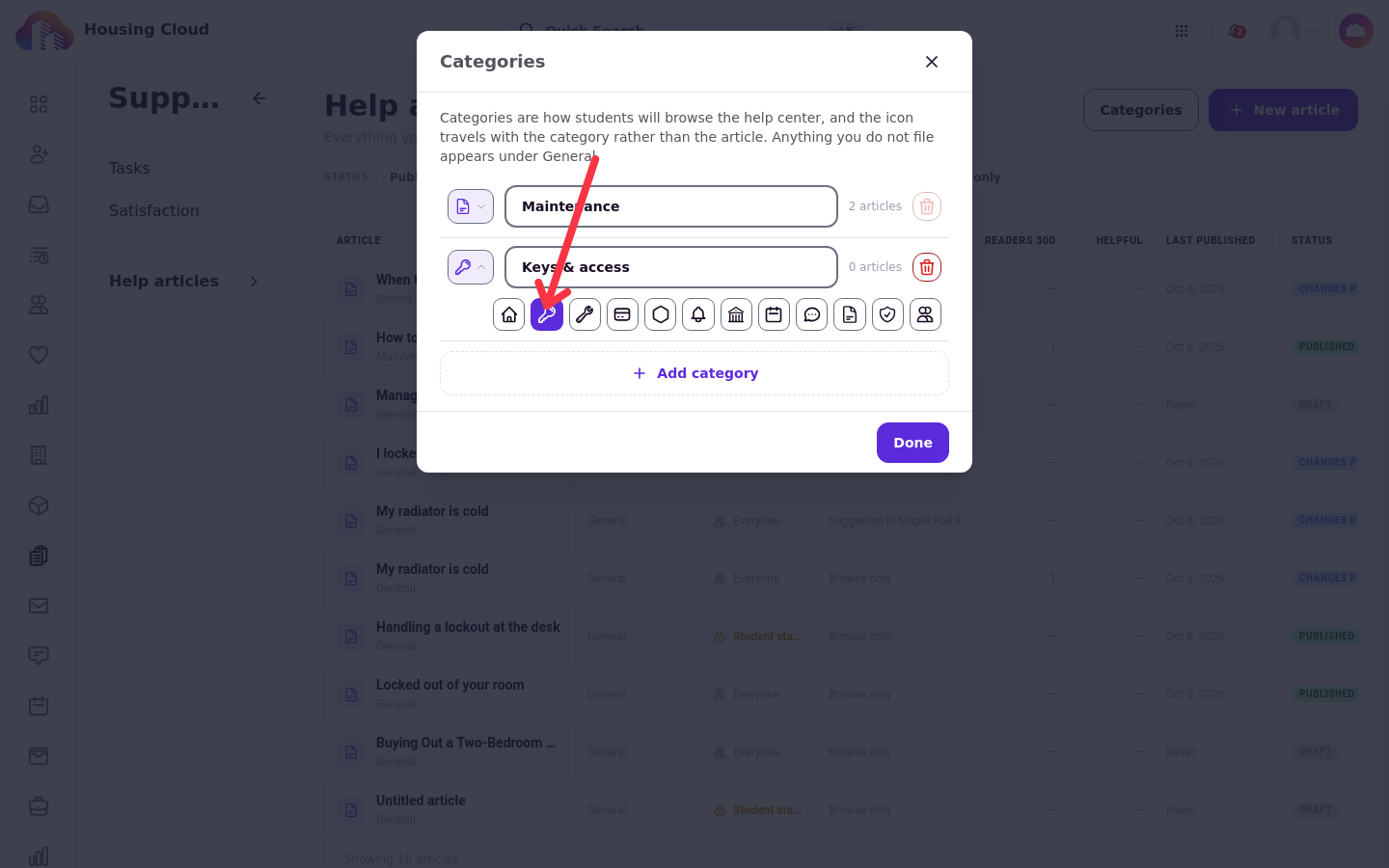 Picking the key icon for the Keys and access category