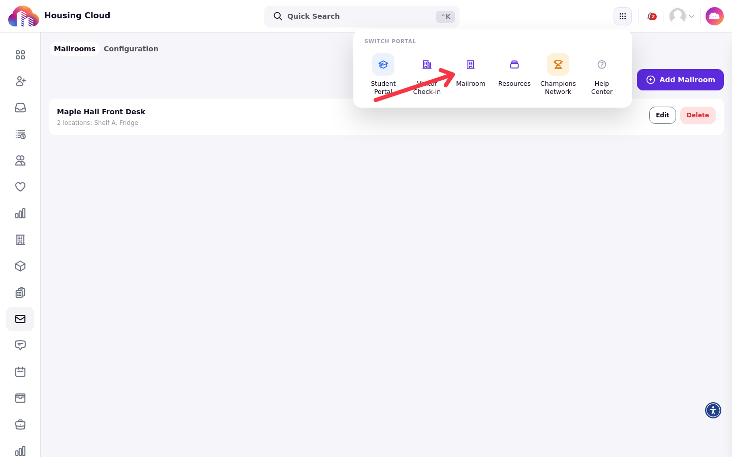 The portal switcher open with the Mailroom destination highlighted