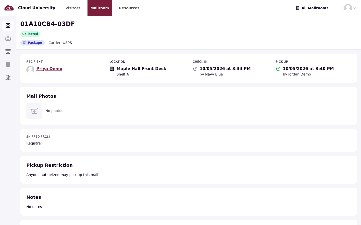 An item page with recipient, location, check-in, pick-up, mail photos, shipped from, pickup restriction and notes