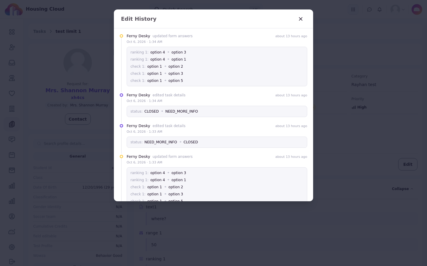 The Edit History dialog listing task changes with who made them and when